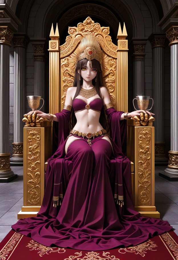 she is sitting on a gold throne holding a silver cup,silk purple gown,gold embroidery,grand throne room,golden pillar…