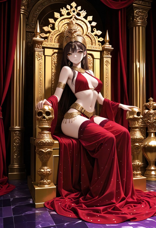 she is sitting on a gold throne holding a golden goblet,purple silk gown,gold crown,grand throne room,gold pillars,re…