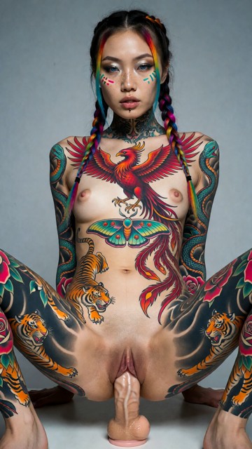Woman is completely naked, with her body fully uncovered and no clothing in the scene., Woman straddles and rides a d…