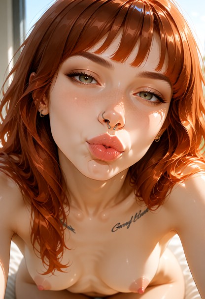 **Face and body description** Young woman with fair skin, long wavy reddish-brown hair framing her face, and light-co…