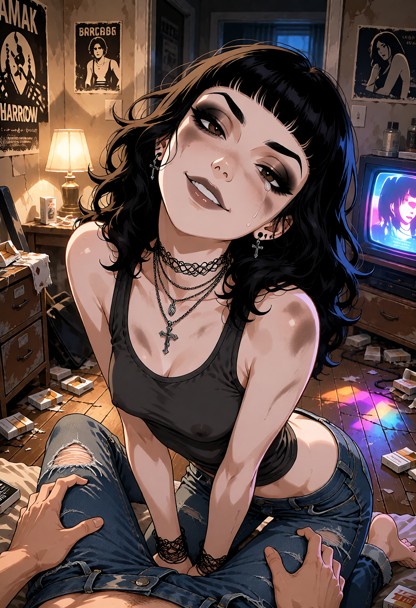 Location: a small, cluttered apartment filled with band posters and empty cigarette packs, dimly lit by the warm glow…