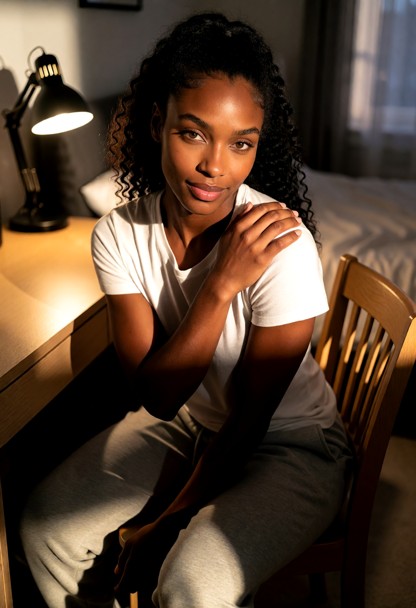 Location: a dimly lit bedroom in the evening, with shadows stretching across the floor and the soft glow of a desk la…