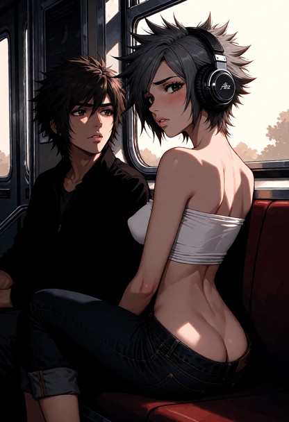Abz sitting on a subway train seat with her back to the window and facing viewer on opposite side of carriage, viewer…