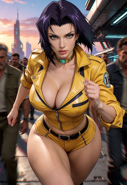 cowboy bebop aesthetic, a cool woman wearing a yellow leather jacket and shorts running through a crowded futuristic …