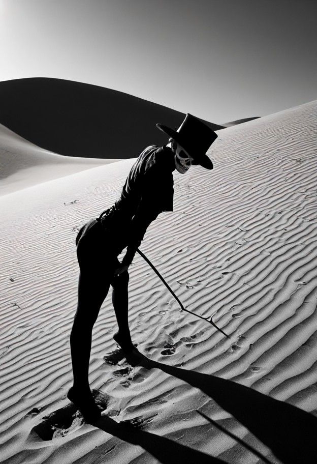 a surreal high-contrast monochrome fine art fashion photograph set among the immense wind-carved sand dunes of baja c…