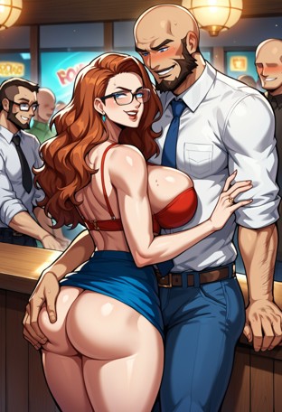man and woman embracing in a crowded busy bar, man is clasping womans ass and woman runs her hand down mans body and …
