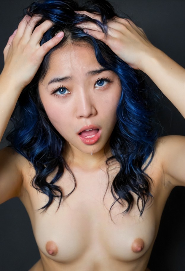 naked,fully naked,orgasmic,overwhelmed,emotional,teary eyes,deep expression,solo,grabbing boobs (with both hands)