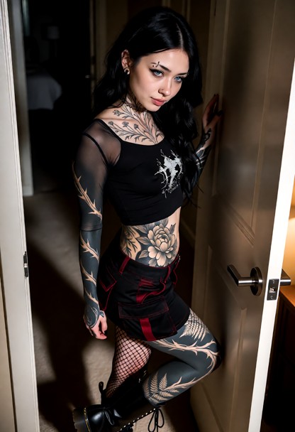 Location: dim hallway outside a bedroom door, with soft shadows stretching across the floor and warm, low light catch…