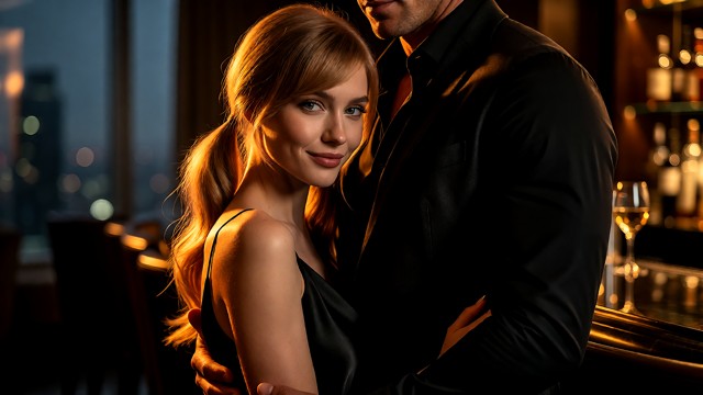 Cinematic 16:9 wide shot of exactly Chloe and one tall dominant man only, just the two of them alone together in an o…