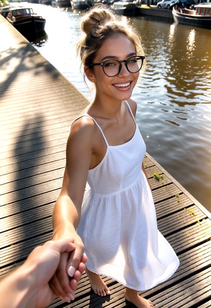 Location: bright afternoon along a scenic wooden boardwalk by the Amsterdam canals, where the warm sunlight reflects …