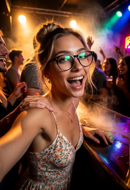 Location: late evening inside a crowded, dimly lit pub with amber stage lights, swirling haze, and colorful neon refl…