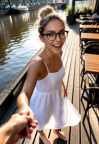 Location: bright afternoon along a scenic wooden boardwalk by the Amsterdam canals, where the warm sunlight reflects …