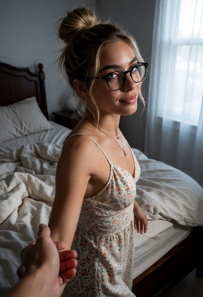 Location: early morning in a dim bedroom where soft, pale light filters through the window, casting a gentle grey glo…