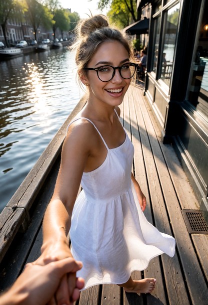 Location: bright afternoon along a scenic wooden boardwalk by the Amsterdam canals, where the warm sunlight reflects …
