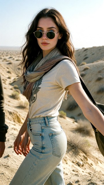 summary: A young woman in her early-to-mid 20s stands in a sun-bleached desert dune landscape, captured as a high-qua…