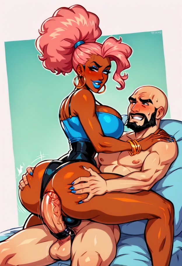 1 girl,1 guy,guy is a tall bald bearded man,man with long dark beard,man is bent over,recieving anal from woman,woman…
