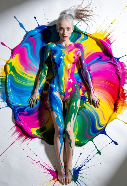 High-angle artistic fine-art photograph of Penny with a wet-look hairstyle, lying on her back on a giant sheet of sea…