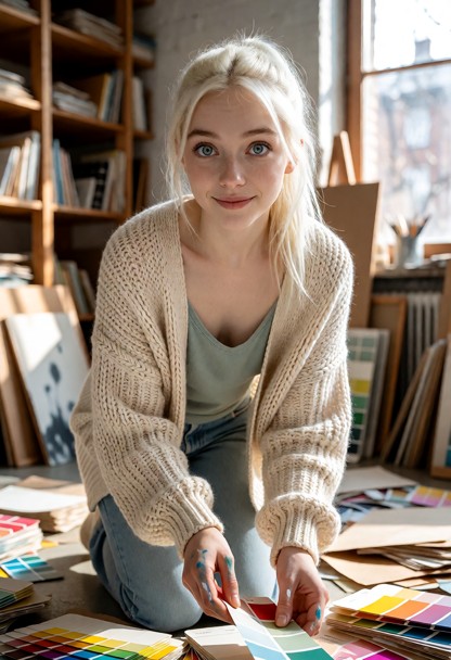 Location: bright afternoon in an artist's studio filled with tall wooden shelves, scattered color swatches, and soft …