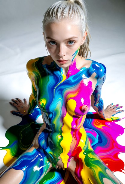High-angle artistic fine-art photograph of Penny with a wet-look hairstyle, performing on a giant sheet of seamless w…
