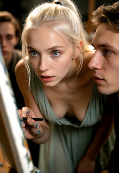 Close-up photograph, cinematic documentary style. Penny leans deeply forward to inspect a painting on an easel. Her g…