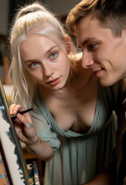 Close-up photograph, cinematic documentary style. Penny leans deeply forward to inspect a painting on an easel. The t…
