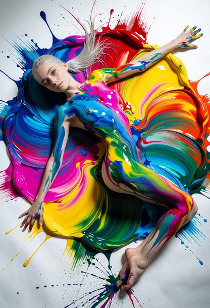 High-angle artistic fine-art photograph of Penny with a wet-look hairstyle, lying on her back on a giant sheet of sea…