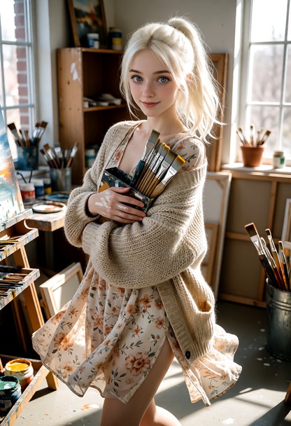 Location: a bright art studio during the afternoon, filled with wooden shelves, various painting supplies, and soft s…