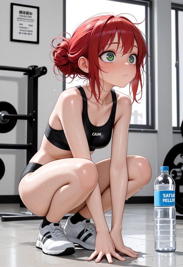 1girl,solo,gym,indoors,sportswear,sports bra,tight clothes,skin tight,running shoes,ankle socks,hair bun,water bottle…