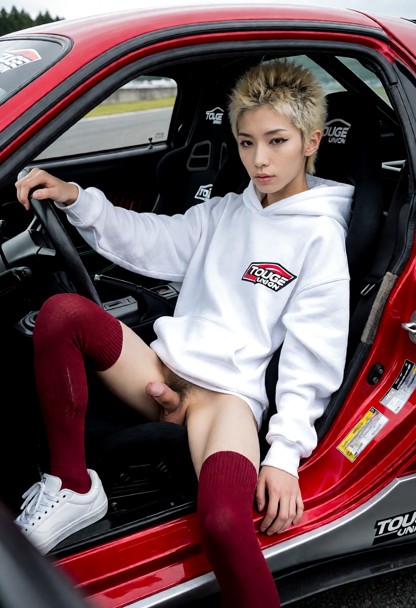 Aki Kimura is a japanese 24-year old femboy racer, short, cute and extremely skinny. Hes wearing white skate shoes, d…