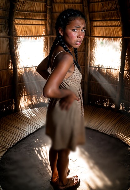 Location: afternoon inside a small, round grass house in Zambia, with sunlight filtering through the thatched walls a…