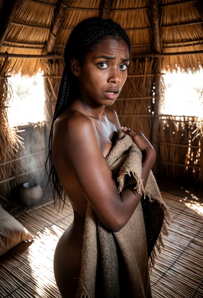 Location: afternoon inside a small, round grass house in Zambia, with sunlight filtering through the thatched walls a…