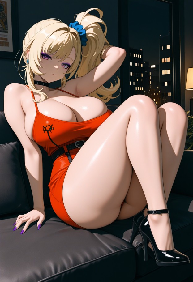 a sexy she is sitting on the couch leaning back with arms outstretched,red mini dress,black high heels,apartment livi…