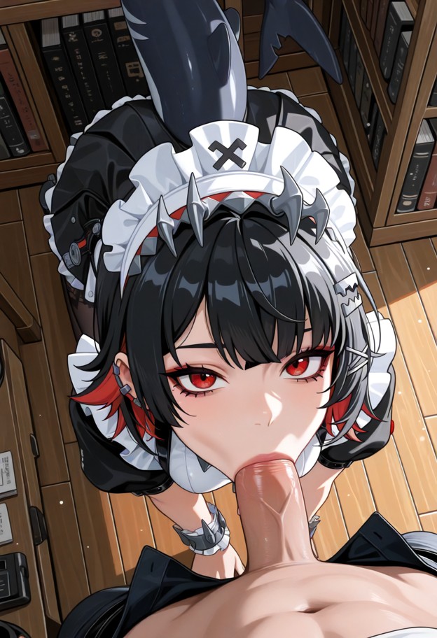 on her knees performing,1guy,blowjob,penis,pov,kneeling,looking up,face close-up,maid uniform,white apron,short black…