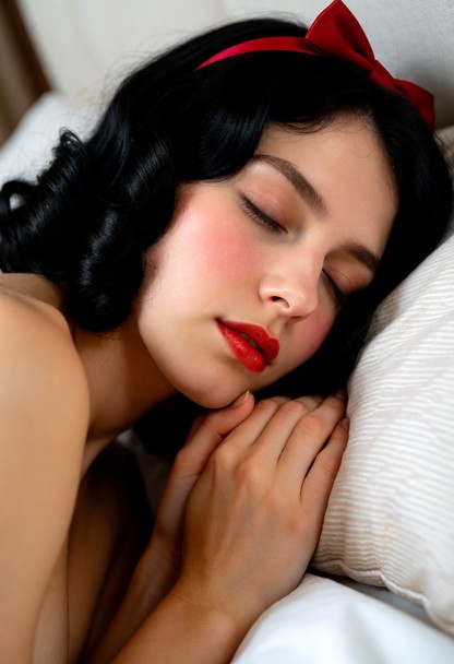 Woman sleeps on her side with her eyes closed and both hands tucked beneath a pillow, seen from a low angle.