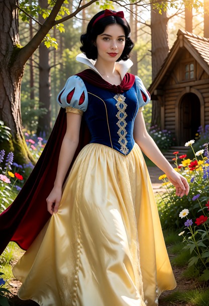 She wears a classic fairy-tale gown consisting of a royal blue fitted bodice with gold lace detailing down the front,…