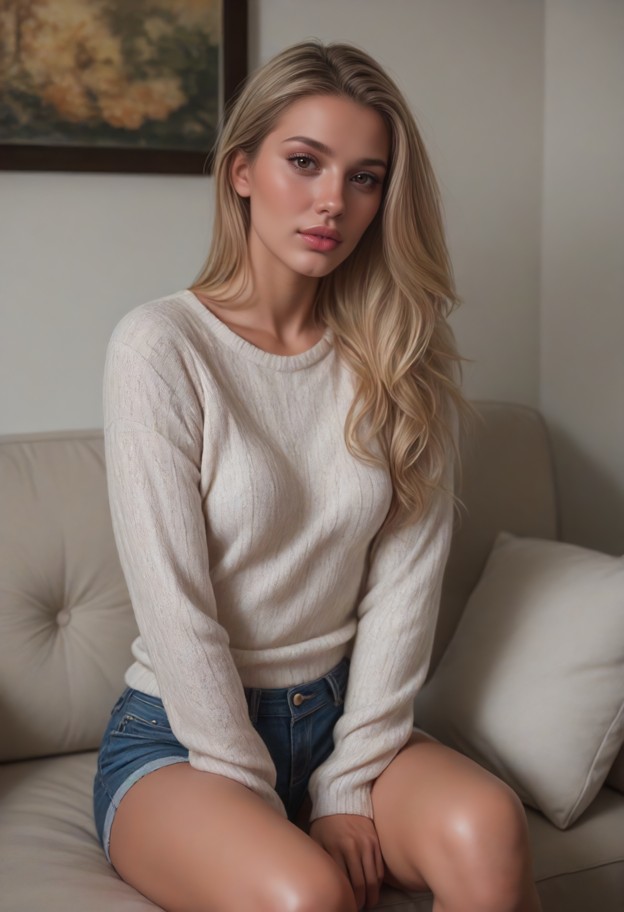 1girl sitting on sofa,loose grey knitted sweater,dark blue denim shorts,worn brown fabric sofa,dimly lit living room,…