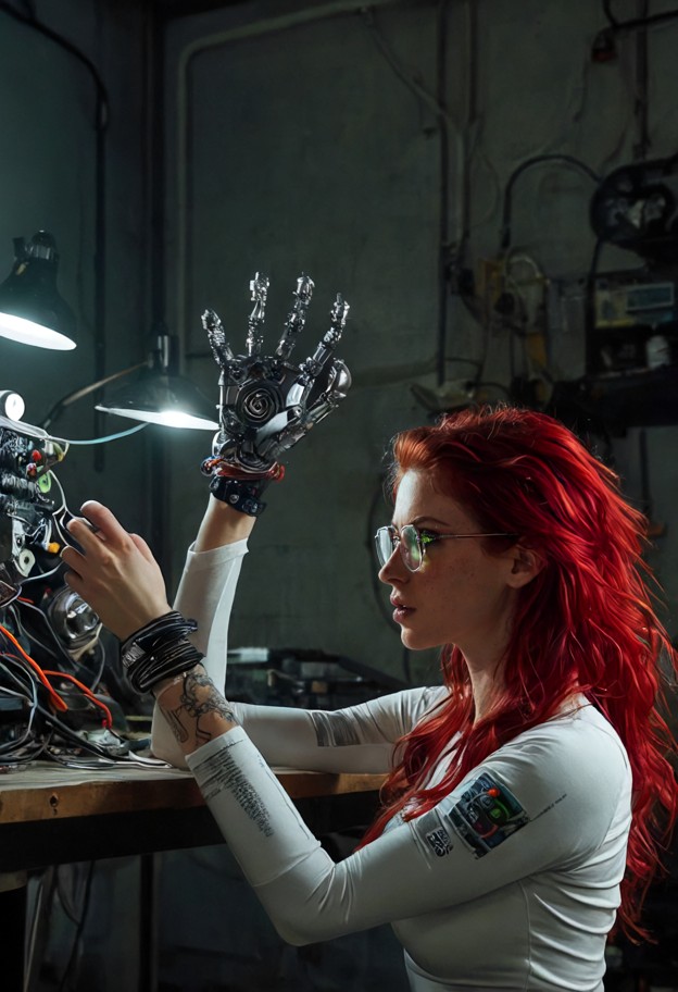 1girl,detailed close-up portrait,holding her detached bionic mechanical hand in her other human hand,looking down at …