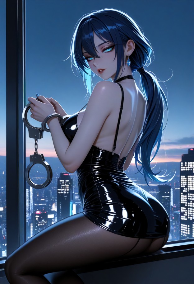 a high-fashion shot of a woman sitting on the edge of a skyscraper rooftop at sunset. she is wearing a metallic mini …
