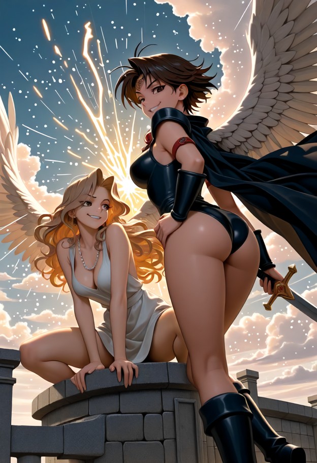 high-stakes 90s anime action scene in the style of the vision of 
escaflowne. two characters are locked in a fierce s…