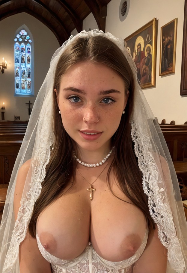 solo,1girl kneeling in prayer at altar in lace wedding dress with pearl necklace,veil,tears falling,sadness,anxiety,r…