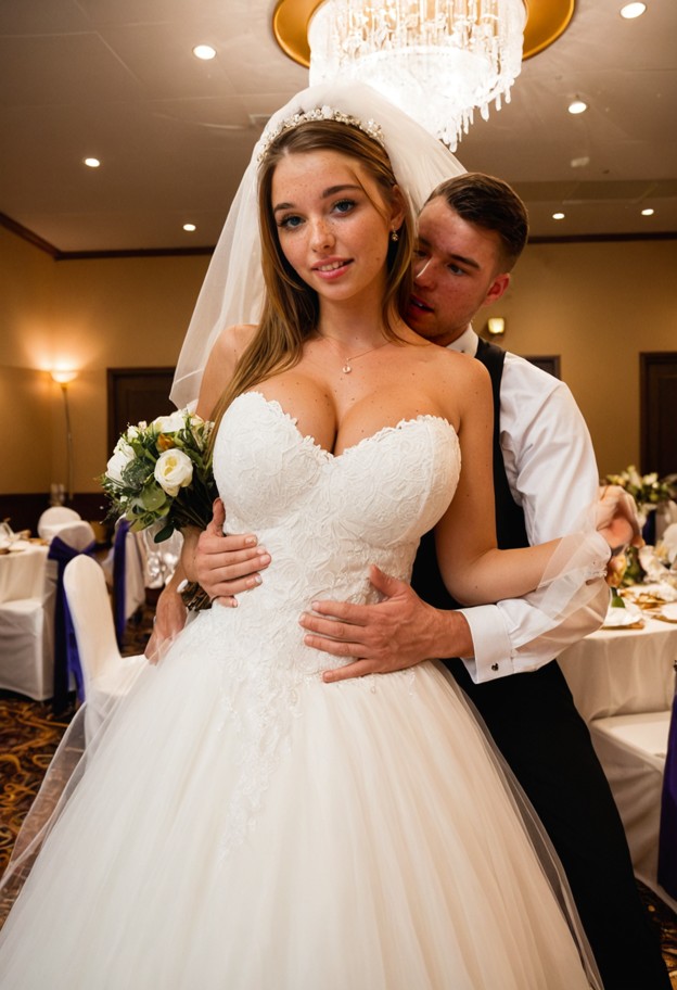 she is,dancing closely with a man,flushed face,white lace wedding dress,long white veil,decorated wedding reception h…