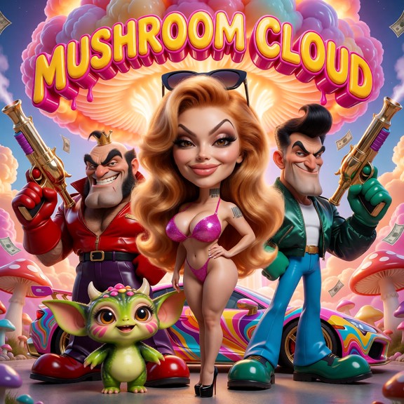 Square 1:1 album-cover artwork with outrageous glossy 3D-cartoon styling and a hyper-saturated bubblegum-apocalypse p…