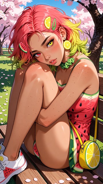she is sitting with her legs up against her chest on a wooden bench in a sunny park, her head leaned forwards with he…