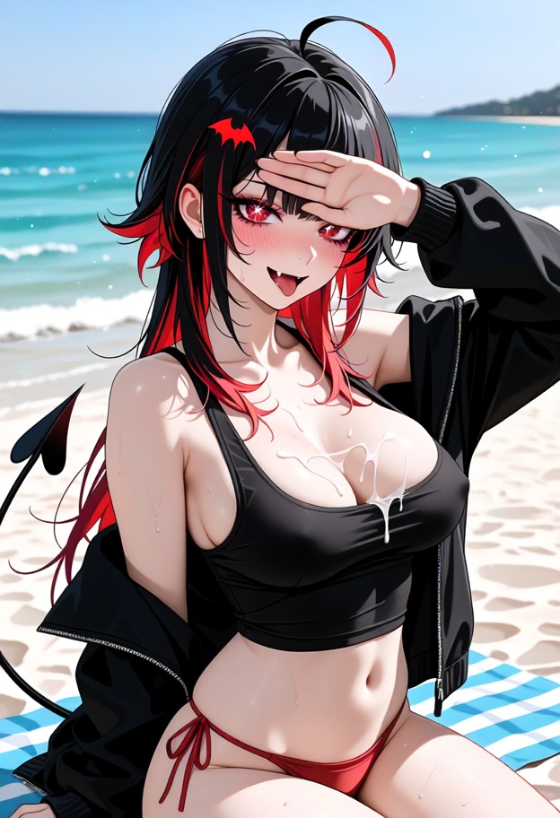 ,sitting on the beach,cum on her body,pink bikini,beach,ocean,blurry background,solo focus,looking at viewer,eye cont…