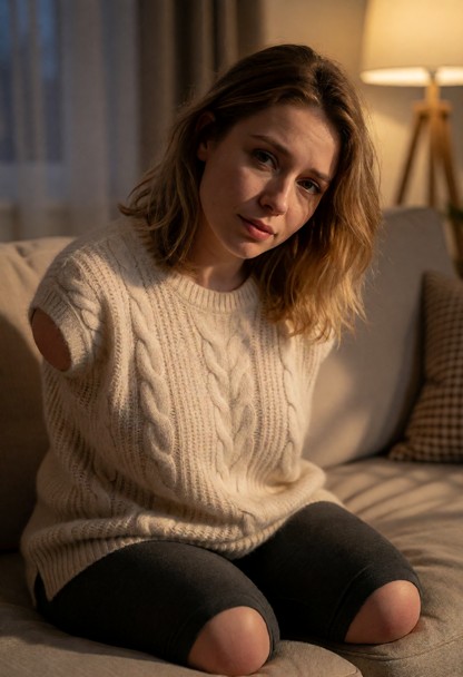Location: cozy living room during the evening with warm, dim light from a nearby floor lamp casting soft amber glows …