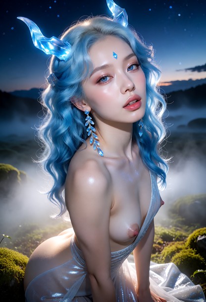 Location: twilight in a mystical, misty landscape where the fading light catches the translucent blue of her horns an…