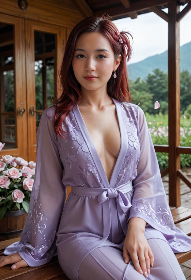 a mature woman sits on a wooden bench outside a small hut at night,mist curling low among blossoms. she wears layered…