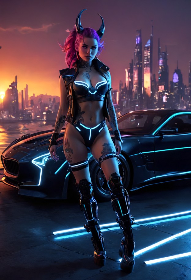 futuristic
cinematic wide shot set in the year 2050. a heavily modified 1970s
pontiac firebird redesigned with futu…
