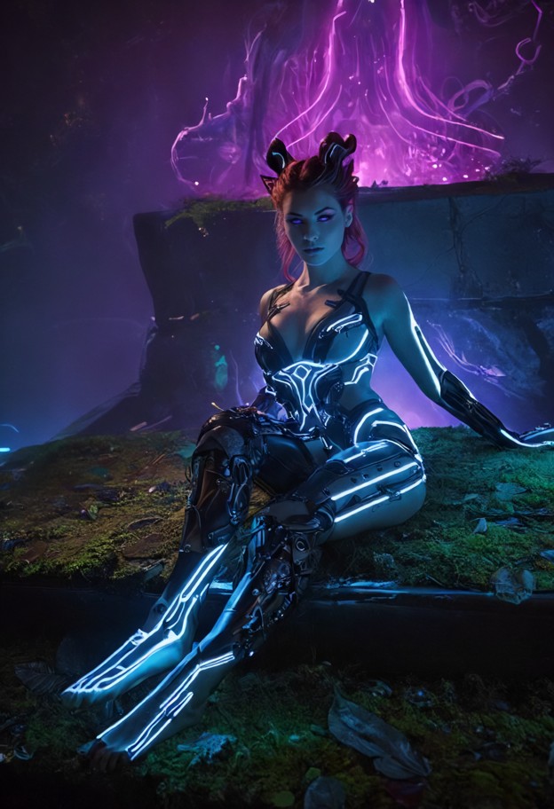 a serene scene in an alien biome: lyra is reclining on a bed of glowing
haptic moss while a third person sits at her…