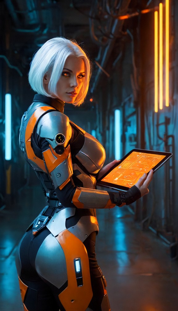 researcher walking through a long industrial corridor lined with glowing energy conduits,fitted technical suit,tablet…